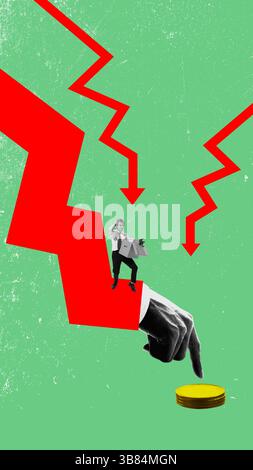 Geschäftsmann steht auf einem roten Pfeil und hält eine Schachtel mit Sachen, während die Finger auf den Stapel Münzen zeigen. Arbeitsplatzverlust, Arbeitslosigkeit. Stockfoto