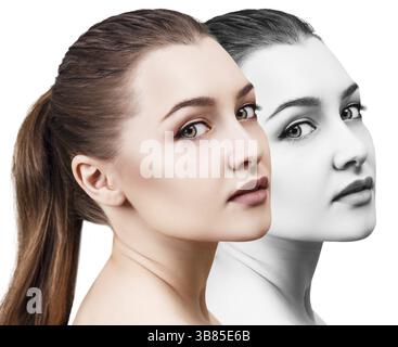 Schöne junge Frau mit sauberer Haut und perfektem Make-up auf weißem Hintergrund Stockfoto
