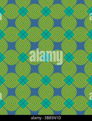 Helles geometrisches Design mit ineinander greifenden Kreisen und Quadraten in Grün- und Blautönen mit komplizierten Mustern. Stockfoto