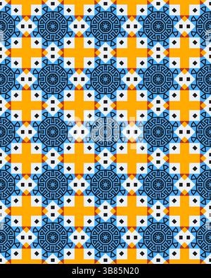 Lebendige geometrische Formen in Blau, Gelb und weiß schaffen ein optisch eindrucksvolles Muster, das für verschiedene künstlerische Anwendungen geeignet ist. Stockfoto