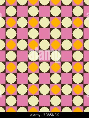 Dieses Kunstwerk bietet eine lebendige Mischung aus Kreisen und Quadraten in Pink, Gelb, Orange und Schwarz für einen lebendigen visuellen Effekt. Stockfoto