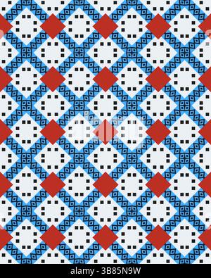 Ein sich wiederholendes geometrisches Muster besteht aus abwechselnden blauen, roten und schwarzen Formen auf weißem Hintergrund und zeigt komplexe Designs. Stockfoto
