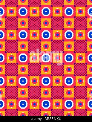 Helles geometrisches Design mit Blumen und Kreisen, die in einem Raster angeordnet sind und ein lebhaftes Rot- und Orange-Farbschema darstellen. Stockfoto