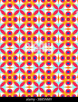 Lebendiges geometrisches Design mit sich wiederholenden Formen in hellen Farben auf weißem Hintergrund für einen dynamischen visuellen Effekt. Stockfoto