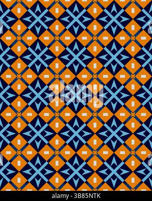 Das lebhafte Textildesign zeichnet sich durch komplexe geometrische Formen in Blau- und Orangetönen aus, die in einem symmetrischen Muster auf einem dunklen Hintergrund angeordnet sind. Stockfoto