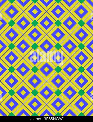 Das auffällige geometrische Design zeigt Diamanten und Quadrate in kräftigen gelben, blauen und grünen Farben und sorgt so für einen auffälligen visuellen Effekt. Stockfoto