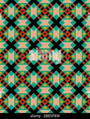 Ein lebendiges geometrisches Muster mit ineinander greifenden Formen in Grün, Orange und Beige auf schwarzem Hintergrund ist perfekt für Designprojekte. Stockfoto