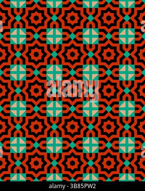 Auffällige Muster sorgen für ein lebendiges Arrangement mit kontrastierenden Farben und präsentieren ein einzigartiges geometrisches Design vor dunklem Hintergrund. Stockfoto