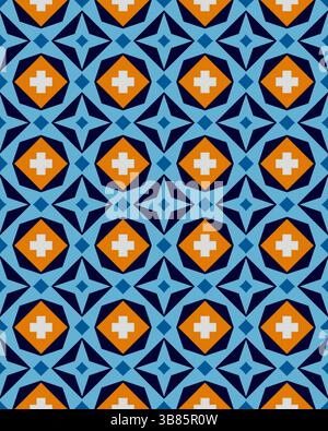 Dieses lebendige Design zeigt eine Reihe komplexer geometrischer Muster in Blau-, Orange- und Weißtönen, die visuelle Harmonie schaffen. Stockfoto
