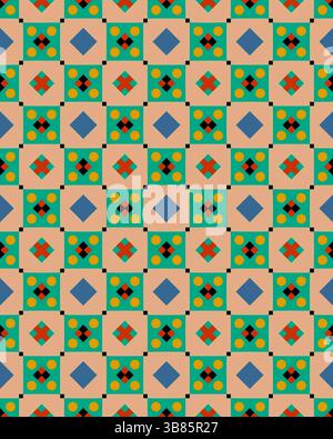 Das helle und komplizierte geometrische Design bietet sich wiederholende Quadrate und Kreise in verschiedenen Farben vor einem weichen Pastellhintergrund. Stockfoto