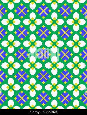 Symmetrische Blumenmotive in weiß, Blau und Gelb schaffen ein lebendiges geometrisches Muster auf einem hellgrünen Hintergrund, das Kunst und Design zum Ausdruck bringt. Stockfoto