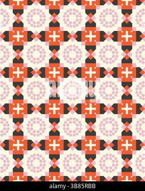Das komplexe geometrische Design zeigt ein sich wiederholendes Muster aus ineinander greifenden Formen in einer lebendigen Farbpalette. Stockfoto