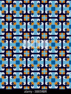 Das sich wiederholende Design verfügt über komplexe geometrische Formen, die in einem leuchtenden Farbschema von Blau, Orange und weiß angeordnet sind. Stockfoto