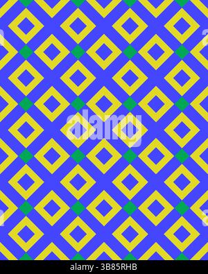 Das auffällige Design mit Diamantformen in Gelb und Grün vor einem kräftigen blauen Hintergrund sorgt für ein optisch ansprechendes Muster. Stockfoto
