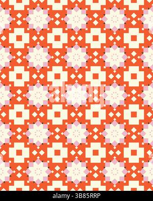 Farbenfrohe geometrische Muster mit sich wiederholenden Stern- und quadratischen Formen, die helle Farbtöne auf hellem Hintergrund für ein lebendiges Design sorgen. Stockfoto