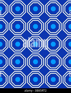 Das komplexe geometrische Design mit Achtecken in verschiedenen Blautönen vor einem hellblauen Hintergrund sorgt für einen optisch beeindruckenden Effekt. Stockfoto