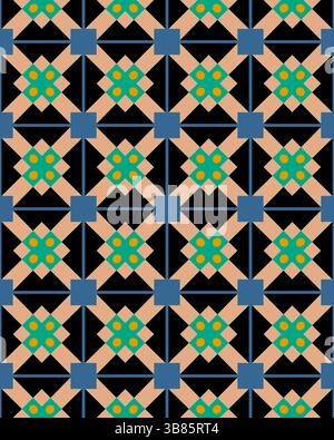 Das komplizierte geometrische Design bietet miteinander verbundene Formen in Blau-, Grün- und Beigetönen, die eine beeindruckende visuelle Wirkung erzeugen. Stockfoto