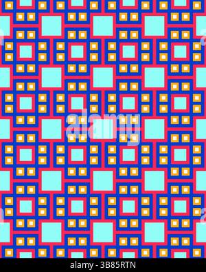 Dieses farbenfrohe geometrische Design zeigt ein wiederholtes Muster aus Quadraten und Kreisen in leuchtenden Farben auf hellem Hintergrund. Stockfoto