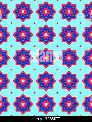 Bunte geometrische Formen bilden ein lebendiges Muster mit Sternen und Blumen auf hellem blauem Hintergrund. Stockfoto