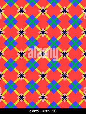 Das optisch eindrucksvolle Design mit ineinander greifenden Formen wie Quadraten und Sternen in kräftigen Farben vor einem leuchtend roten Hintergrund. Stockfoto