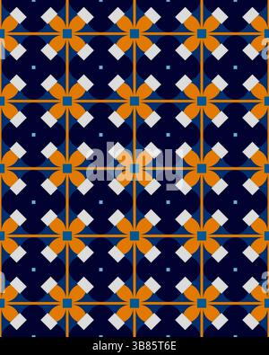 Lebendiges geometrisches Design mit kräftigen orangefarbenen und weißen Formen auf einem marineblauen Hintergrund, das für verschiedene kreative Projekte geeignet ist. Stockfoto