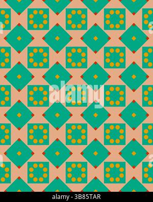Ein lebendiges und verspieltes geometrisches Design zeigt ein sich wiederholendes Muster aus Diamanten und Kreisen in Grün und Orange vor rosa Hintergrund. Stockfoto