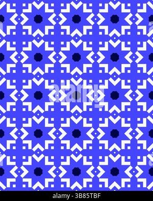 Komplexe geometrische Formen bilden ein lebendiges Muster in Blau und weiß, das für Textilien und andere künstlerische Zwecke geeignet ist. Stockfoto