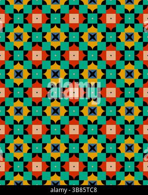 Dieses Kunstwerk verfügt über ein lebendiges geometrisches Muster, das aus farbenfrohen Formen besteht, die in einem sich wiederholenden Format angeordnet sind, um einen lebendigen visuellen Effekt zu erzeugen. Stockfoto