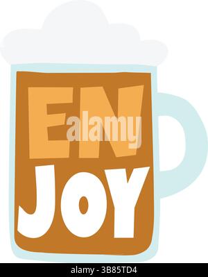 Bierglasbecher mit Schaum. Wortgenuss im Inneren. Textposter mit Schriftzügen, bunte Typografie. Perfekt für Partyeinladungen, Barmenü und lustige Sommerdrinks Stock Vektor