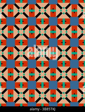 Ein lebendiges geometrisches Muster zeigt bunte Quadrate und Kreuze, die in einem sich wiederholenden Layout angeordnet sind und künstlerische Designelemente darstellen. Stockfoto