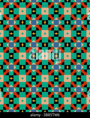Ein lebhaftes und komplexes geometrisches Muster zeigt eine Mischung aus Farben und Formen und schafft ein fesselndes, gekacheltes visuelles Erlebnis. Stockfoto