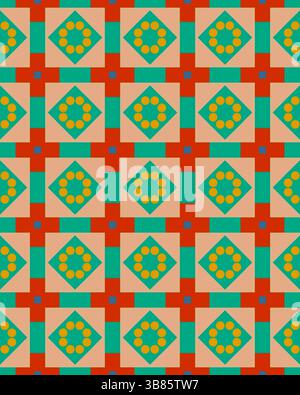 Ein lebendiges Design mit einem sich wiederholenden geometrischen Muster mit Quadraten und Kreisen in hellen Farben sorgt für eine energiegeladene Optik. Stockfoto