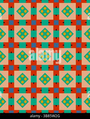 Das sich wiederholende geometrische Design bietet farbenfrohe Diamanten und Quadrate in Rot-, Grün- und Orange-Tönen und sorgt so für ein auffälliges Muster. Stockfoto