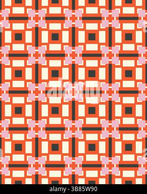 Diese Komposition verfügt über ein kompliziertes geometrisches Design mit Quadraten und Rechtecken in verschiedenen Farben, die einen lebendigen visuellen Effekt erzeugen. Stockfoto