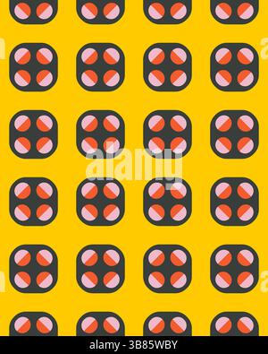 Das lebendige Design mit sich wiederholenden kreisförmigen Formen in Rot und Rosa auf einem kräftigen gelben Hintergrund sorgt für einen auffälligen visuellen Rhythmus. Stockfoto