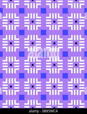 Das abstrakte Muster zeigt Quadrate und Linien in weiß und Blautönen vor einem auffälligen lila Hintergrund, ideal für kreative Projekte. Stockfoto