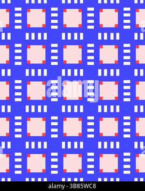 Lebendiges geometrisches Muster mit abwechselnden Quadraten und Streifen in verschiedenen Farben auf einem hellblauen Hintergrund, ideal für Designzwecke. Stockfoto
