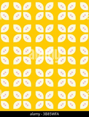 Der helle gelbe Hintergrund bietet ein sich wiederholendes geometrisches Design mit blattartigen Formen und zarten rosa Akzenten für ein lebendiges Bild. Stockfoto