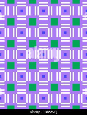 Lebendige geometrische Formen erzeugen ein optisch ansprechendes Muster aus Quadraten und Rechtecken in violetten, weißen und grünen Farben. Stockfoto