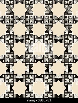 Dieses Design verfügt über ein einzigartiges geometrisches Muster mit kräftigen schwarzen Formen auf einer weichen beigefarbenen Oberfläche, die einen auffälligen visuellen Kontrast erzeugt. Stockfoto
