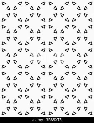 Ein nahtloses Muster aus kleinen schwarzen Dreiecksformen auf weißem Hintergrund, verteilt, repetitiv angeordnet. Stockfoto