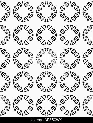 Ein nahtloses geometrisches Schwarz-weiß-Muster mit miteinander verbundenen sternähnlichen Formen mit kreisförmigen Mittelpunkten und komplizierten Liniendetails. Stockfoto