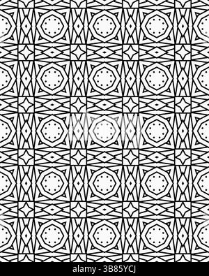 Ein nahtloses geometrisches Schwarz-weiß-Muster mit sechseckigen und dreieckigen Formen, das ein symmetrisches und kompliziertes Design schafft. Stockfoto