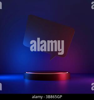 Minimale 3D-Sprechblase mit leuchtender Neonplattform, perfekt für digitale Kommunikation, technisches Branding oder Social-Media-Visuals. 3D-Abbildung Stockfoto