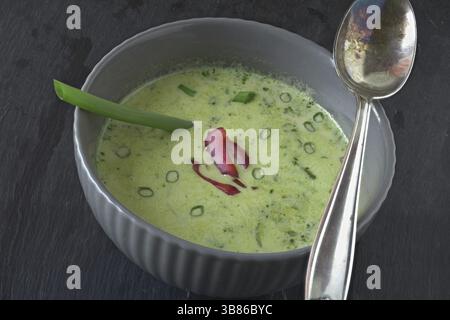 Mangold-Suppe mit Creme Fraiche und Frühlingszwiebeln Stockfoto