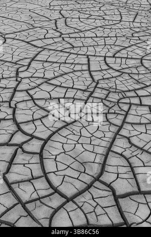 Nahaufnahme trockener, rissiger Böden in einem von Dürre betroffenen Gebiet, die auf Klimawandel und Umweltzerstörung hinweisen. Stockfoto