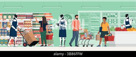 Menschen, die Lebensmittel im Supermarkt kaufen, und humanoide Roboter, die als Lagerarbeiter und Ladenassistenten arbeiten: KI und Robotik im Einzelhandelskonzept Stock Vektor