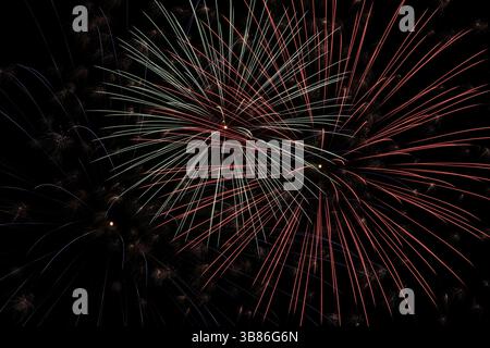 Wunderschönes buntes Feuerwerk am schwarzen Himmel Stockfoto