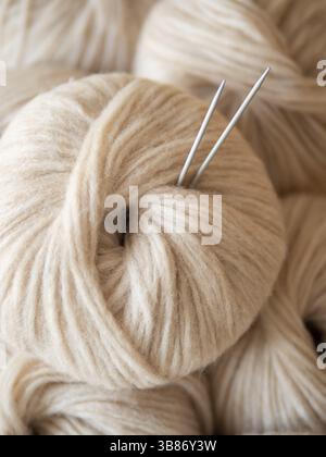 Ästhetisches Bild von beigefarbenem hellem, luftigem Garn-Skein. Nahaufnahme von mitteldickem Blasgarn aus Baby-Alpaka und Merinowolle. Stricknadeln stecken i Stockfoto