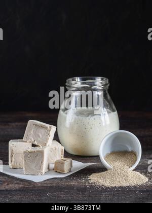 Verschiedene Arten Hefe. Frisch gepresste Hefe, instant Trockenhefe und aktive Weizen-Sauerteig-Starter (Wilde Hefe) auf Holztisch. Zurückhaltend. Selektive focu Stockfoto